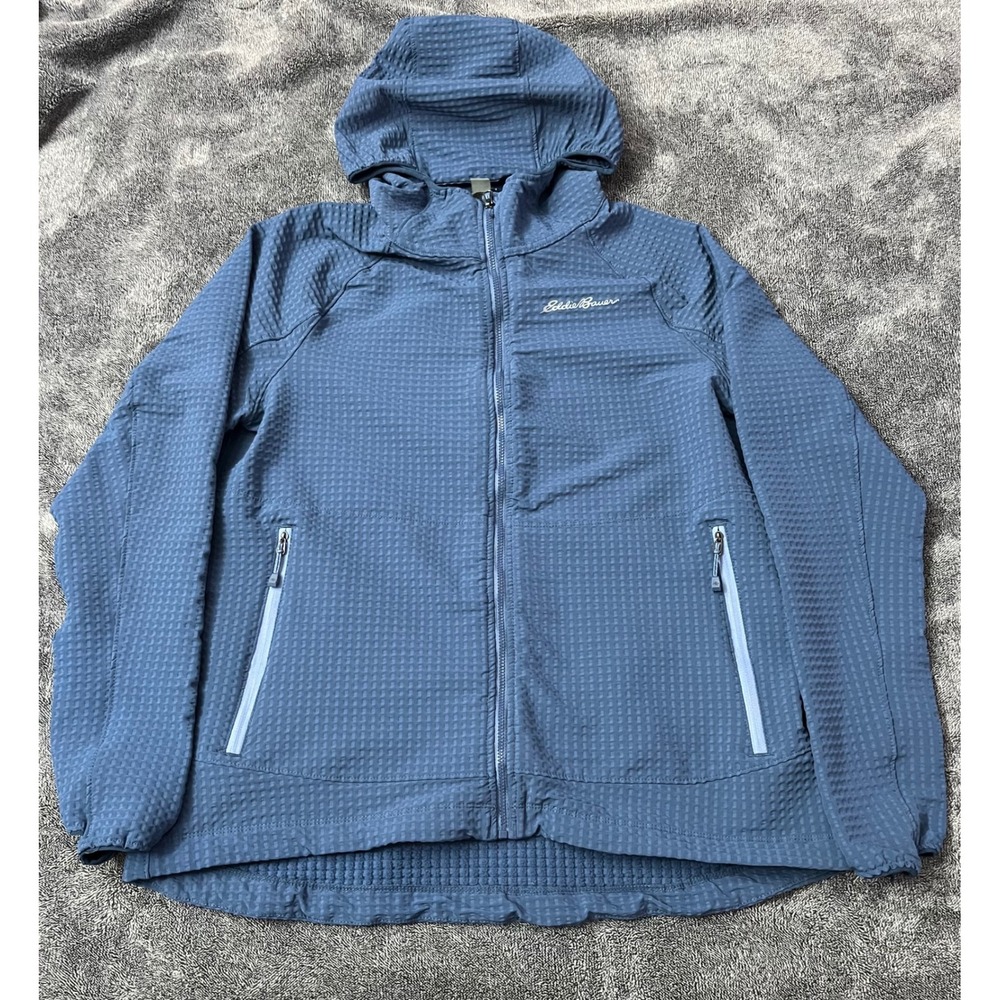 Eddie‎ Bauer Womens XL Blue Waffle Grid Full Zip Hooded Jacket Activewear Coat